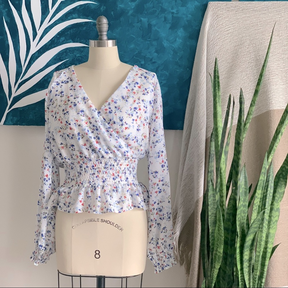 White Floral Wrap Blouse